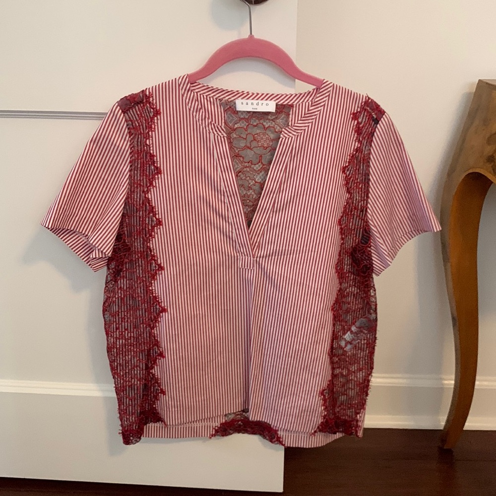 Sandro red and white striped blouse with lace detailing